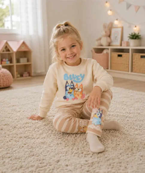 Mädchen in gemütlichem Bluey Outfit mit Pullover und Leggings